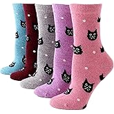 WBZOTSS Women's Merino Wool Dress Socks - Thin, Warm, Hiking Crew & Cute Heart/Cat 6/5 Pairs