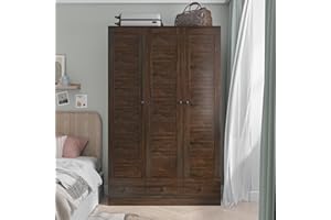Hitow Wardrobe Armoire with 3 Louvered Doors, Wardrobe Cabinet for Hanging Clothes with 3 Drawers, Bedroom Armoire Closet Wardrobe Clothes Organizer, Dark Walnut (44.3" W x 19" D x 70.9" H)
