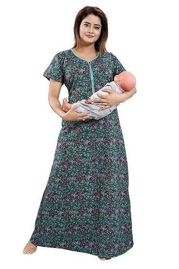 Women's Cotton Fabric Beautiful Print Long Zip Pattern Nighty/Nightwear/Nighties (Multipurpose)