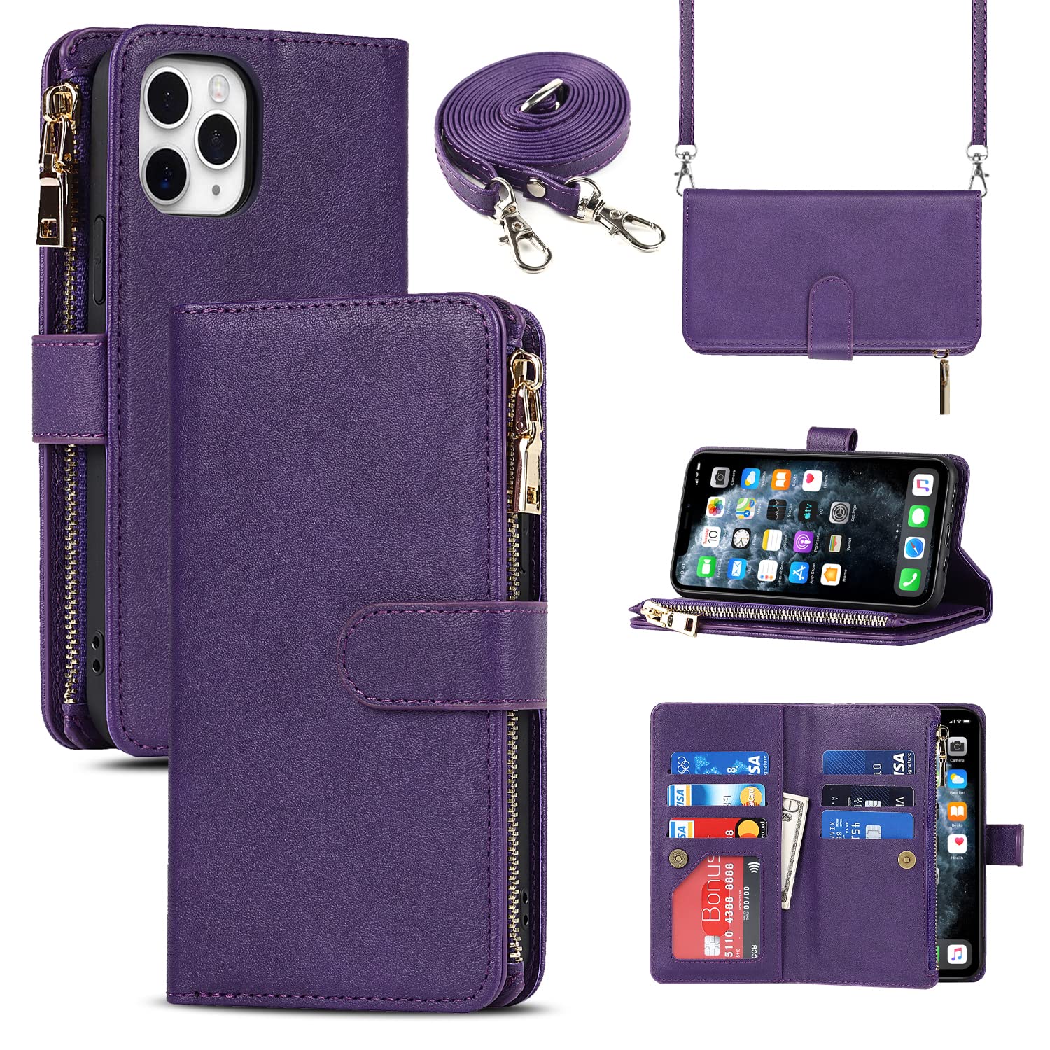 Cavor Crossbody iPhone 11 Pro Case With Card Holder With Strap,Flip Leather Wallet Case,[9 Card Holder] Zipper Detachable Lanyard Phone Case Cover for Women for iPhone 11 Pro - Purple