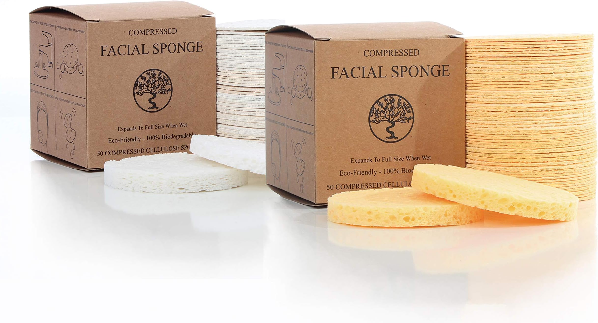 Face Sponges - Compressed Cellulose Facial Sponges - Cosmetic Sponges for Facial Cleansing - 100% Natural & Biodegradable (100 Count/Yellow and White) - Charleston Roads
