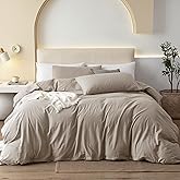 JIYUAN 100% Washed Cotton Duvet Cover Set 3 Pieces King, 1 Duvet Cover 104x90 Inches(Comforter Not Included) and 2 Pillowcases,Linen Feel Bedding Set Comfy and Breathable, Heathered Tannish Linen Grey