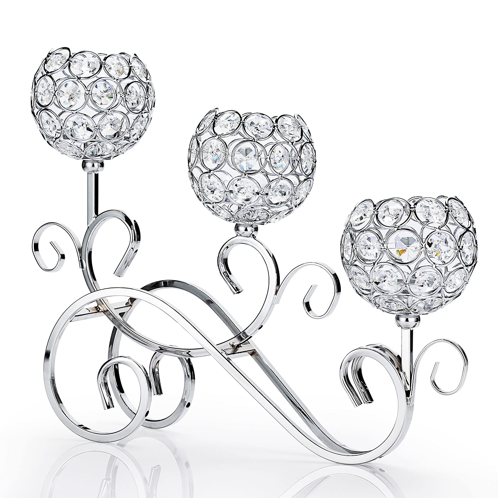 SUMTree 3-Arm Crystal Bowls Tealight Candelabra Candle Holder for Home Office Wedding Decoration Silver