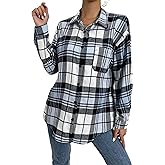 Korebow Womens Fashion Flannel Buffalo Plaid Shirt Button Down Long Sleeve Casual Loose Collared Shirts Blouse Top(0258-Blue-1-XL)