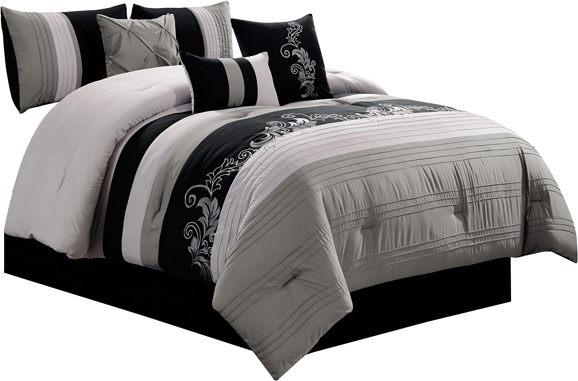 Napa 7-Piece Luxury Leaves Scroll Embroidery Bedding Comforter Set (Queen, Gray/Light Gray/Black)