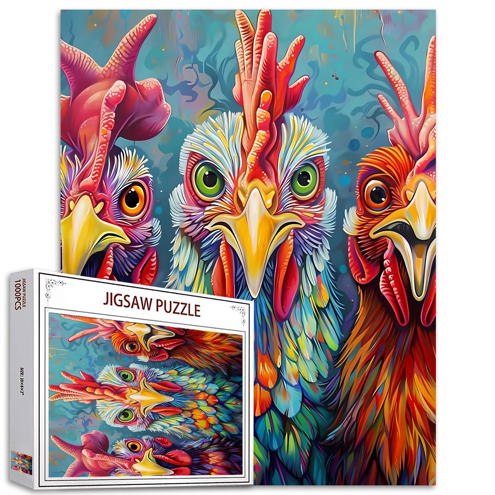 Roosters 1000 Pieces Rustic Chickens Puzzles for Adults Funny Animal Portrait Jigsaw Puzzle for Challenging Family Activity Games Colorful Jigsaw Puzzles for Decorative Gifts — image 1
