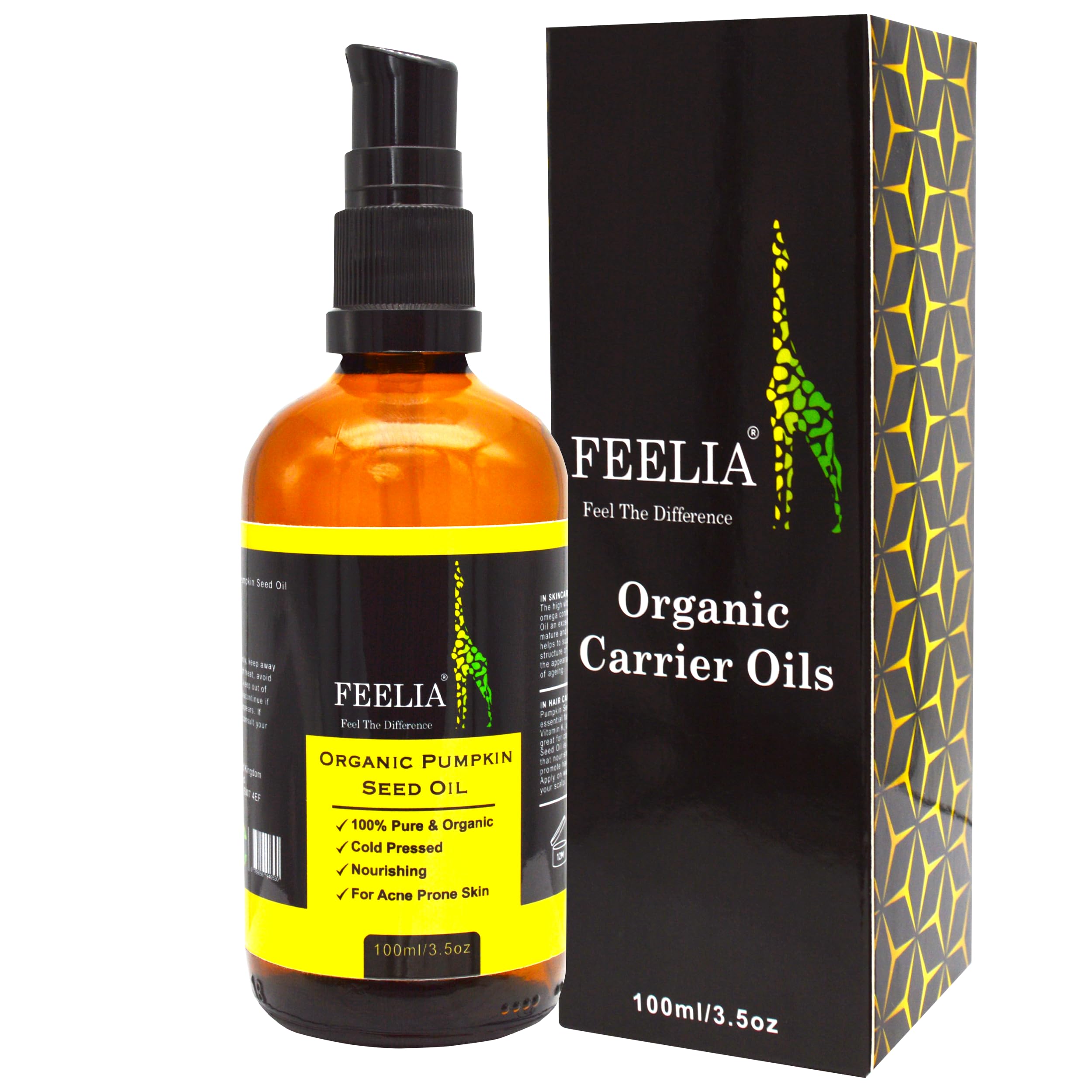 Feelia - Organic Pumpkin Seed Oil - Cold Pressed, Rich in Antioxidants, Vitamins A & C, Nourishing, For Acne Pro Skin, 100% Pure & Organic (100ml)