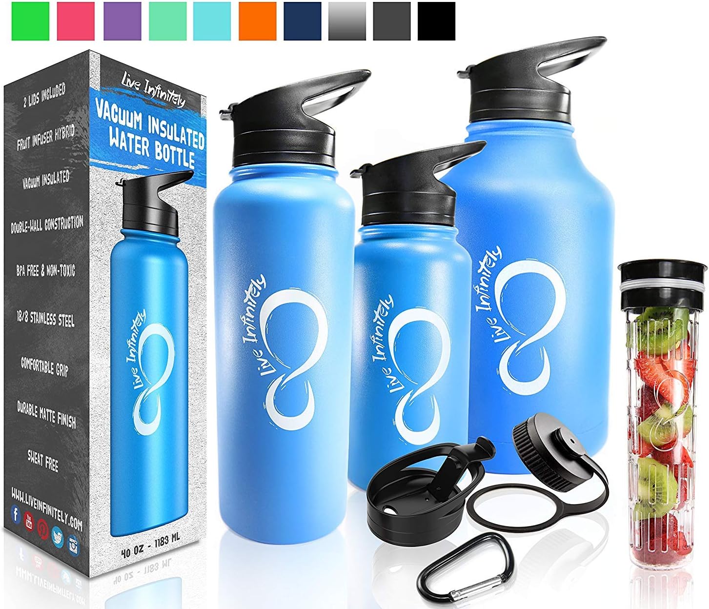 Live Infinitely Double Walled Vacuum Insulated Water Bottles –30, 40 or 64oz 18/8 Food Safe Stainless Steel- Includes Flip Top & Wide Mouth Lid, Removable Fruit Infusion Rod -for Hot & Cold (Blue, 30