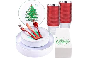 WELLIFE 175pcs Christmas Plastic Plates, Christmas Disposable Dinnerware, Christmas Tree Plates Include 25 Dinner Plates, 25 Salad Plates, 25 Knives, 25 Forks, 25 Spoons, 25 Red Cups, 25 Napkins
