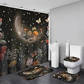XSWPL 4Pcs Moon Shower Curtain Set Black Shower Curtain and Rug Set Colorful Floral Bathroom Sets with Rugs,12 Hooks for Bathroom Decor