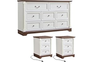 OKYCI 3PC Farmhouse Dresser and Nightstand Sets for Bedroom, Including 8 Drawer Dresser & 3 Drawer Night Stand Set of 2 with USB,Antique White