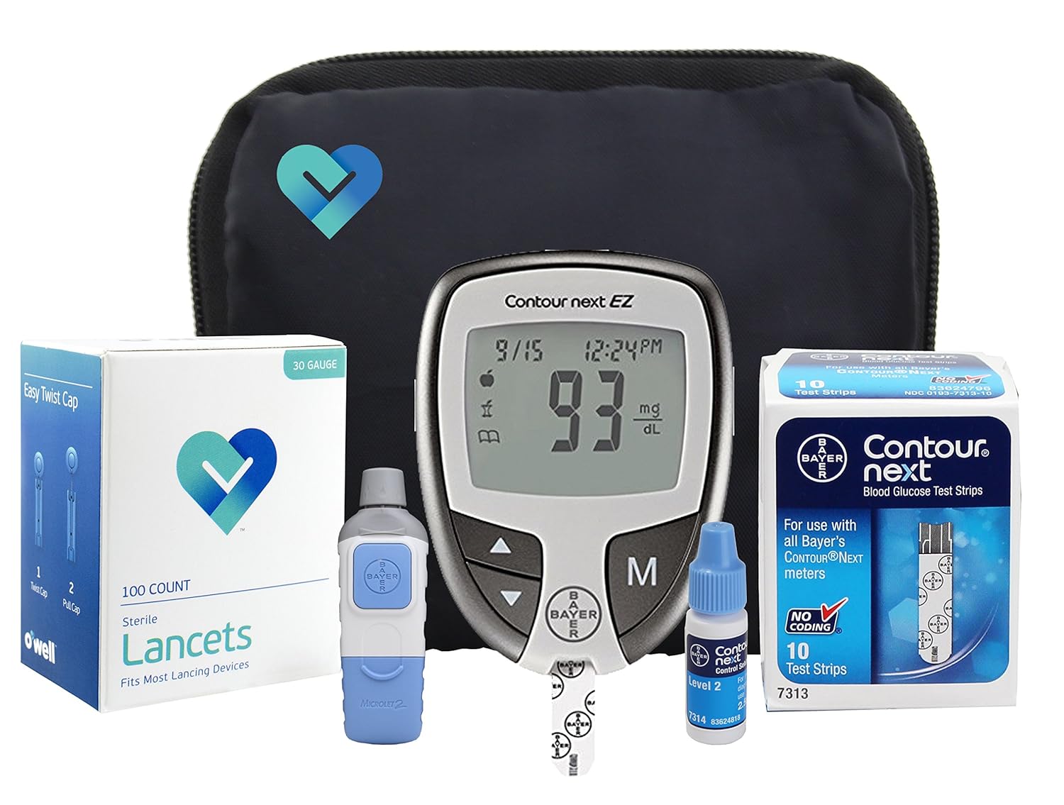 Amazon.com: OWell Contour Complete Diabetes Blood Glucose Testing Kit, METER,  10 Test Strips, 10 OWell Lancets, Lancing Device, Control Solution, Manual,  ...