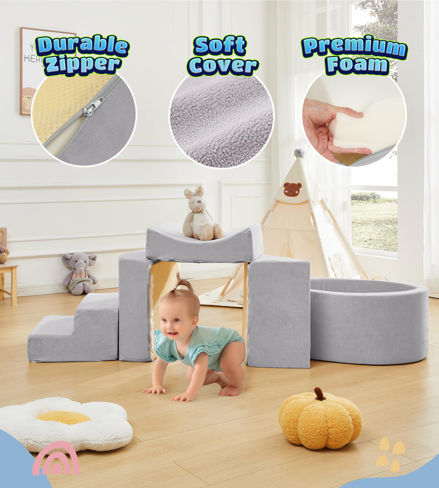 Elftopia Foam Climbing Blocks with Ball Pit Designed for Toddlers Aged 1-3 -Great for Indoor Crawling, Inside Foam Playground Set for Little Ones to Active Playing -(Balls NOT Included) Grey