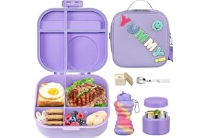 ORYLIA Kids Bento Lunch Box with 12oz Soup Thermo, Kids Leakproof Lunch Food Container with 4 Compartments, Insulated Lunch Bag & Water Cup for Girls Boys to School Travel