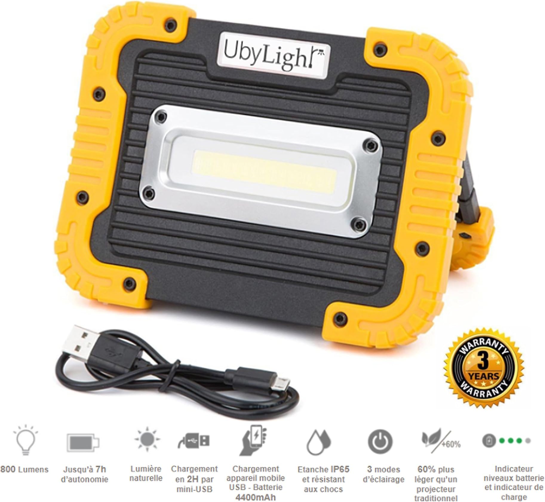 Rechargeable LED Work Light Ultra Compact 10W | 1000Lm | 7 Hours of Autonomy | Waterproof | 4400mAh Backup Battery | for Garage Worksite DIY Works Outdoor Activity