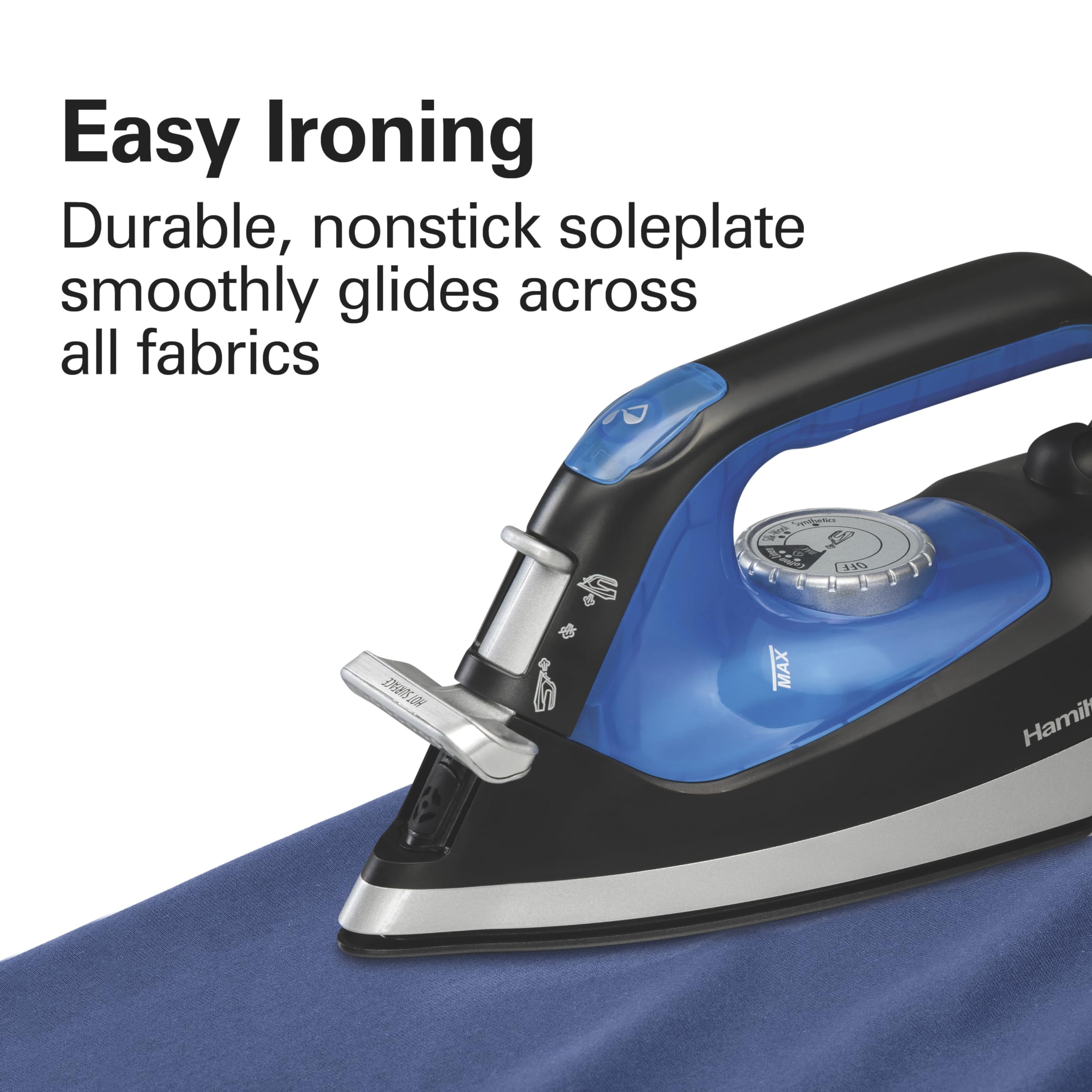 Hamilton Beach 2-in-1 Steam Iron for Clothes and Garment Steamer with 5 Temperature Settings, Nonstick Soleplate, 1200 Watts, 8’ Cord, Black & Blue (14525F)