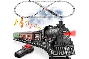 Hot Bee Train Set, Remote Control Train Toys w/Luxury Track & Glowing Passenger Carriages, Metal Electric Trains w/Smoke, Lig