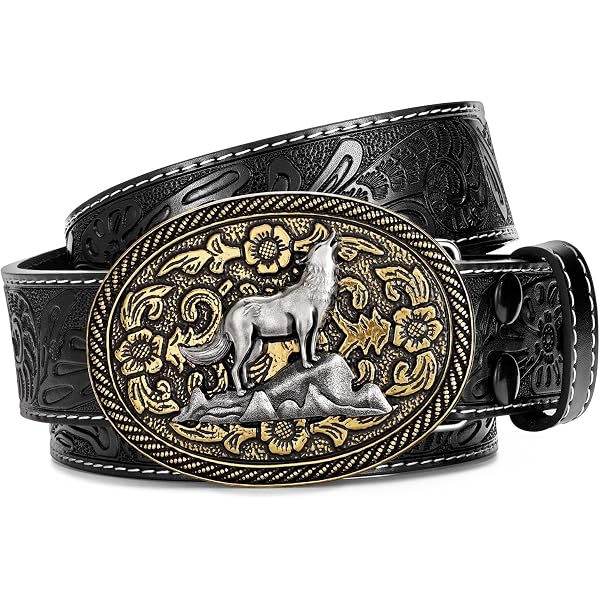 HinyBoeh Western Leather Belt With Longhorn Buckle - Unisex Cowboy Style Belt For Men & Women