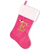 BELISHMIE 20-inch Personalized Pink Faux Velvet Stocking with Embroidered Gold Letter – Luxurious Christmas Decoration and Gift, Plush Finish (Pink-E)