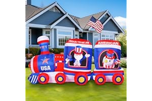 Glimin 6 ft 4th of July Inflatable Outdoor Decoration Patriotic Inflatable Train Set and Eagle with Build in LED Lights USA Blow up Decor for Independence Day Party Yard Lawn Supplies