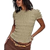 Womens Y2K Smocked Shirt Shirred Short Sleeve Crewneck Crop Top Ruffle Hem Going Out Tee Top