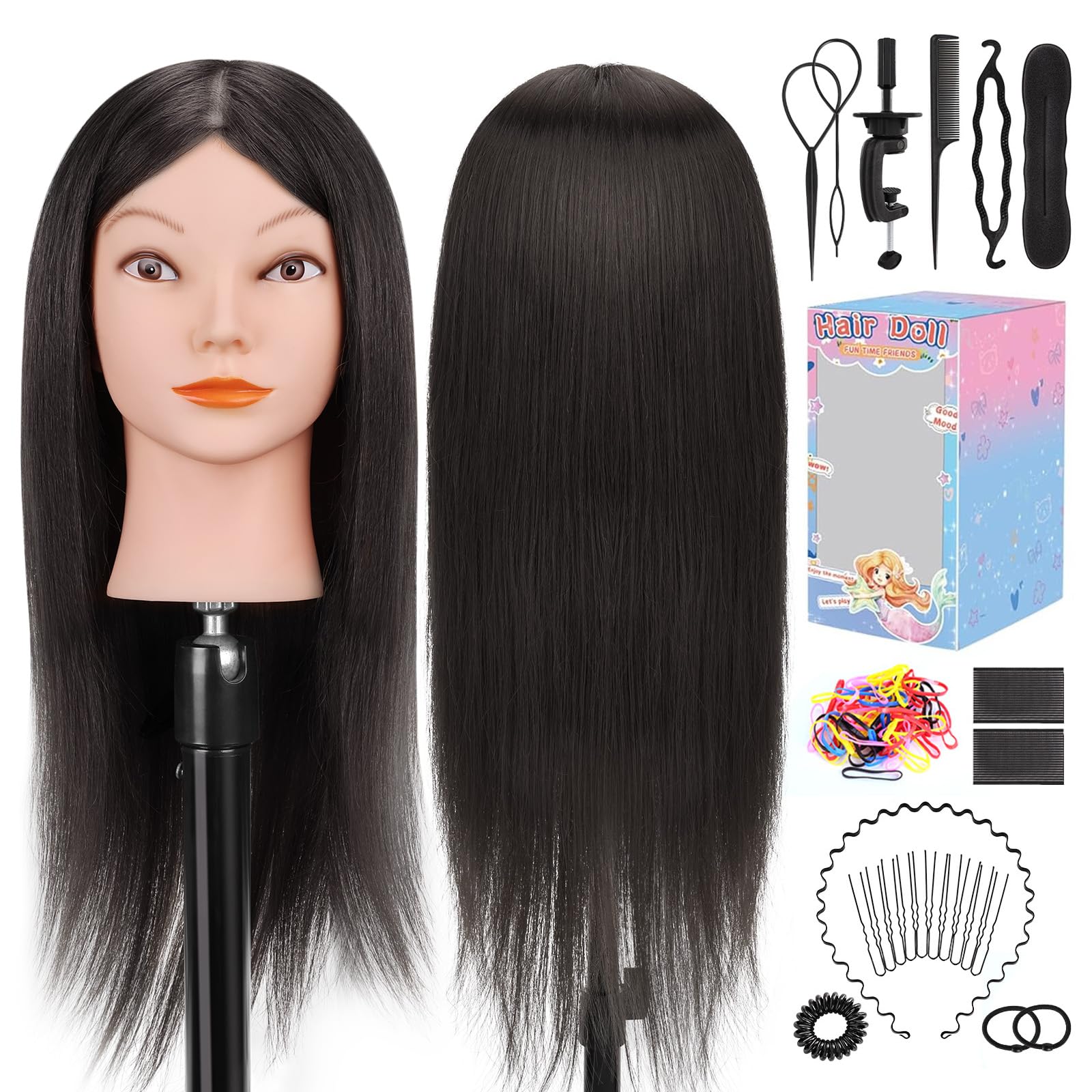 Training Head, Yofuly 18 Inch Hairdressing Head 100% Real Human Hair, Cosmetology Mannequin Head with Table Clamp & DIY Hair Braid Set (Black)