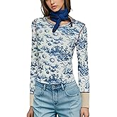 Fameetor Women Waffle Knit Floral Printed Shirts Crew Neck Long Sleeve Slim Fit T Shirt Causal Going Out Tops with Thumb Hole