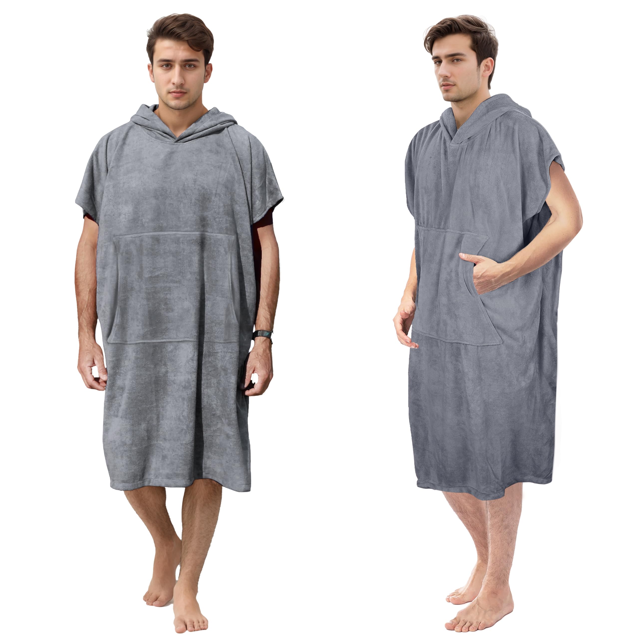 Kato Tirrinia Hooded Poncho Towel Changing Robe Adults with Pockets, Surf Windproof Beach Robe Swim Towel for Outdoor Use, Super Water Absorbent Compact & Light Weight, One Size Fit Men Women Gray