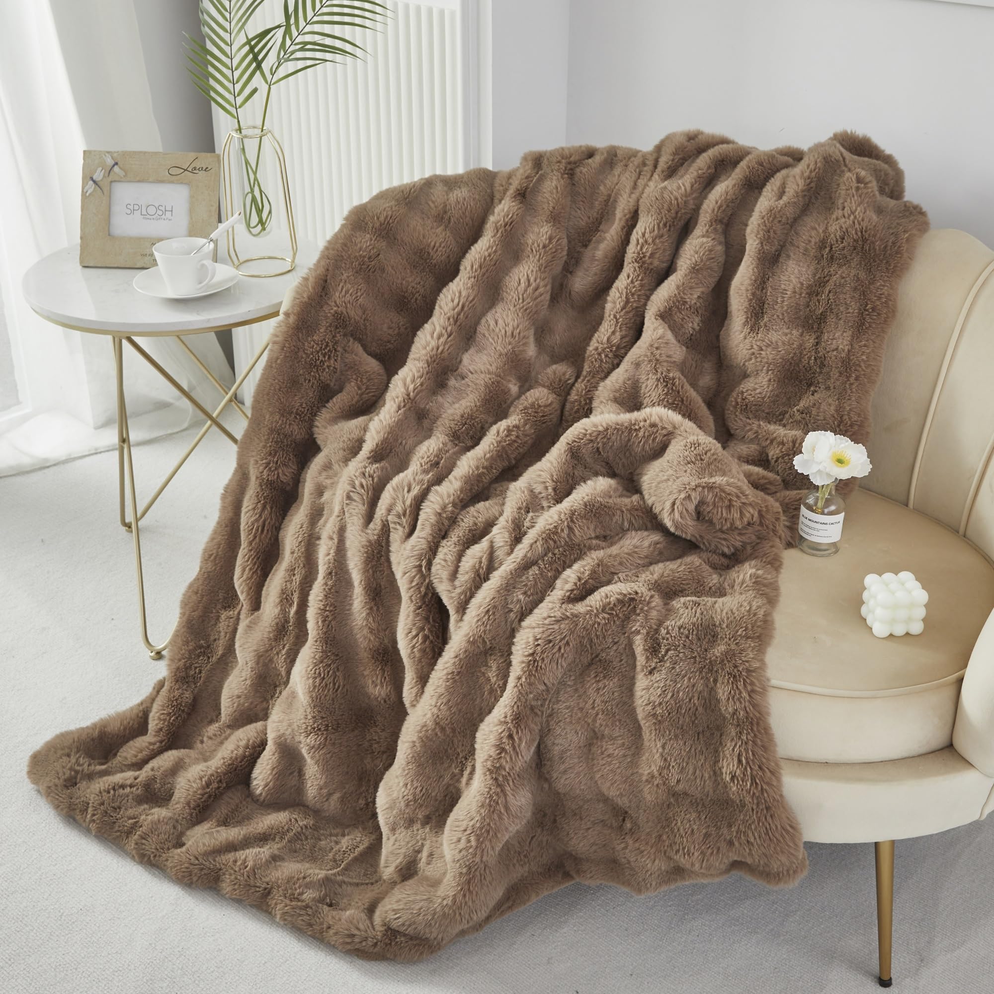 Photo 1 of RYNGHIPY Faux Rabbit Fur Throw Blanket Ruched Plush Fuzzy Blanket for Couch Bed Sofa Heavy Warm Comfy Throws for Living Room Bedroom Machine Washable (Solid Brown, 51''x63'')