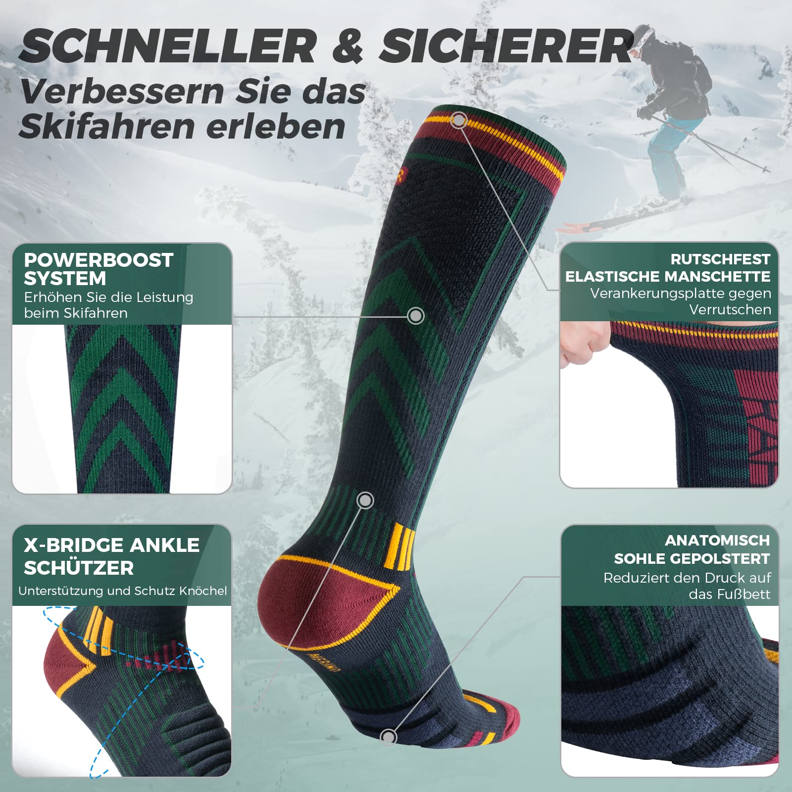 Rahhint Skisocken aus Merinowolle Thermosocken Wintersocken Warme Dicke Kniestrümpfe Kompressions Snowboardsocken, Kniehohe,für Herren und Damen, Größe 35-51，2 Paar 3