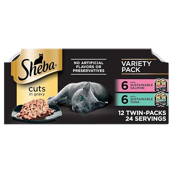SHEBA PERFECT PORTIONS WET CAT FOOD CUTS IN GRAVY, CAT FOOD WET RECIPE, GOURMET SALMON & SUSTAINABLE TUNA ENTREE, 2.6 OZ. TWIN-PACK TRAYS (12 COUNT, 24 SERVINGS)