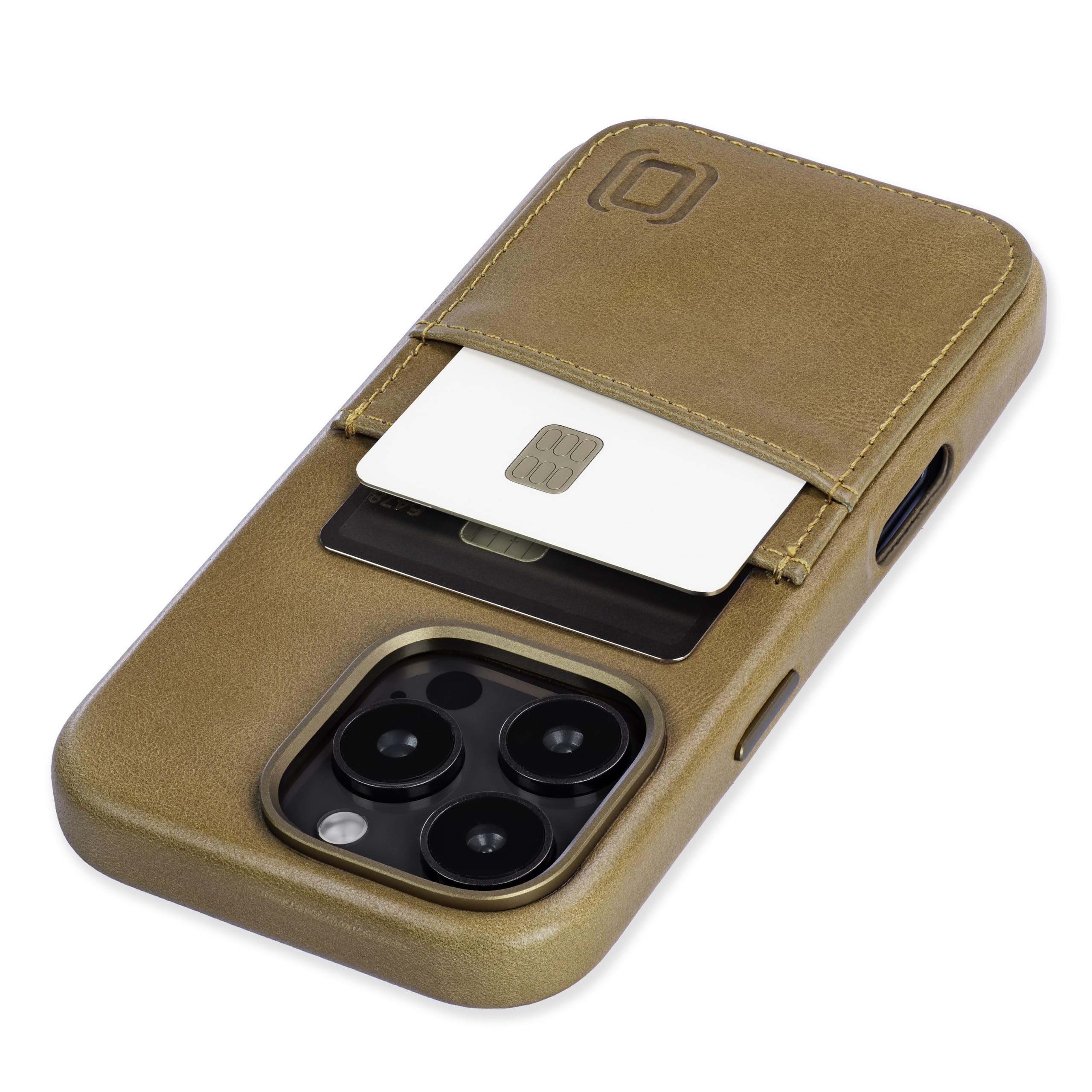 Dockem Genuine Leather Card Case for iPhone 16 Pro with Built-in Metal Plate for Magnetic Mounting, Stitched-on Wallet with 2 Holder Slots (Light Brown, M2GL)