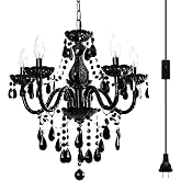 Black Modern 5-Light Crystal Chandelier Acrylic Hanging Pendant Light | Plug-in Cord & Switch, 19x19.7 Inch, Kitchen Island Dining Room Bedroom Decor