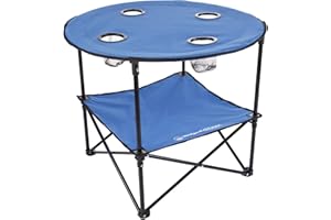 Wakeman Camp Table - Round 2-Tier Folding Table with 4 Cupholders and Carrying Bag - for Camping, Beach, Picnic, Sporting Events, and More Outdoors,Blue