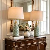 USumkky Ceramic Table Lamps Set of 2, 23.75" Modern Farmhouse Bedside Lamp - Green Nightstand Lamps for Bedroom, Boho Living Room End Tables, Small Office Desk Lamp Decor