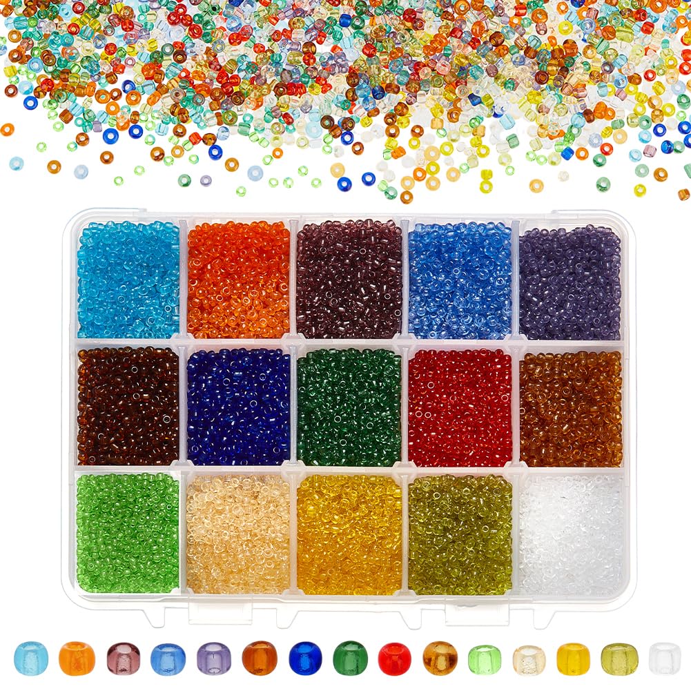 PandaHall Elite - 21000pcs 15 Colours Glass Seed Beads Spacer Beads Round Transparent Beads for Jewellery Making, 12/0 2mm, Hole: 1mm