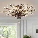 Wellmet 5 Lights Bronze Crystal Semi Flush Mount Ceiling Light Fixture | Vintage Close to Ceiling Light, Modern Farmhouse Lighting for Dining Room,Living Room,Bedroom,Bathroom,Entryway,Hallway,Foyer