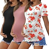 Ekouaer 3 Pack Women Soft Maternity Shirts Ribbed Knit Pregnancy Tops Curved Hem Postpartum Tees Short Sleeve Pregnant Tshirt
