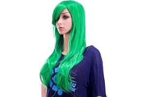 SWACC 26-Inch Long Curly Wave Cosplay Synthetic Wig Colored Hair Piece for Women with Wig Cap (Green)