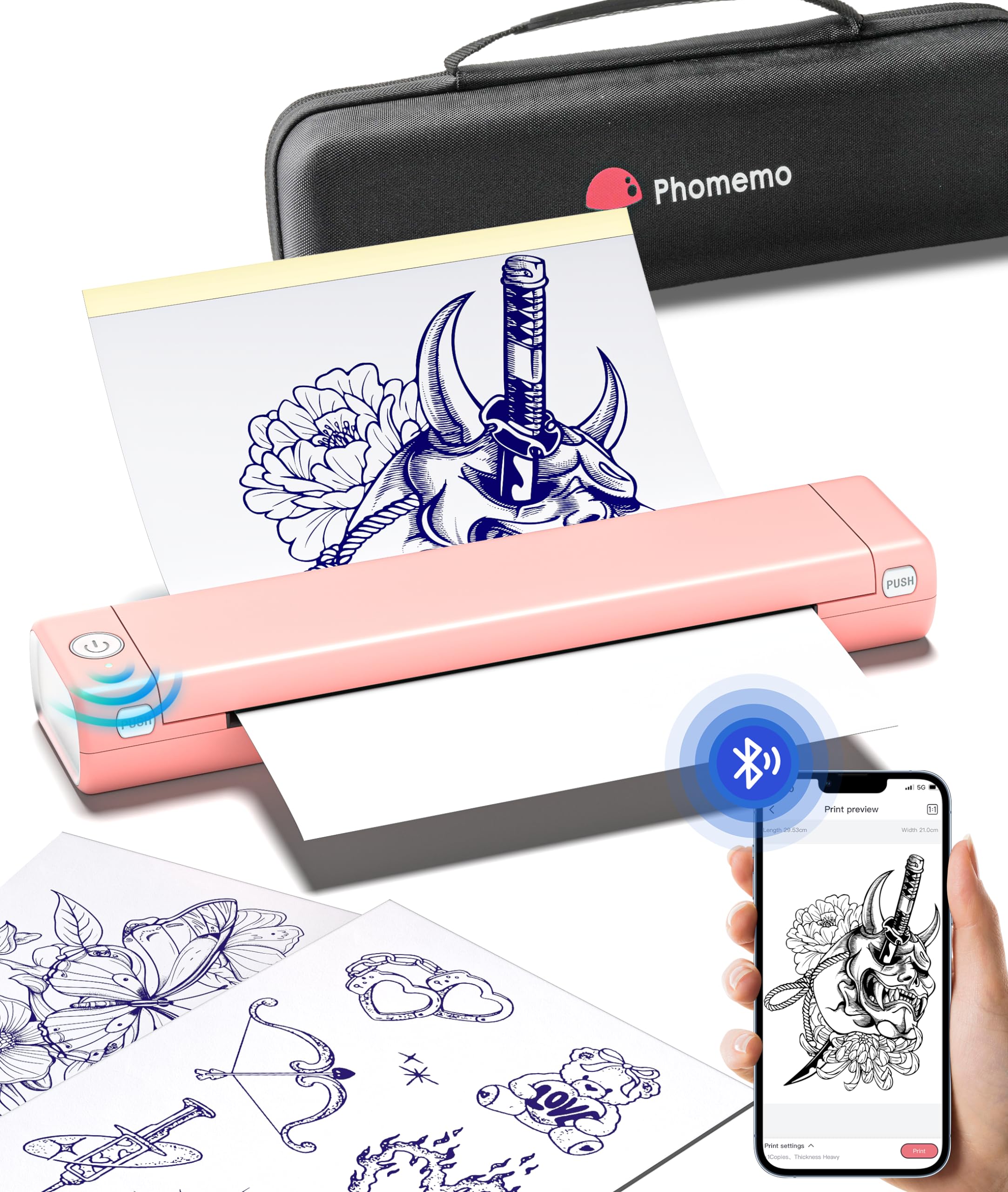 Phomemo M08F Tattoo Printer A4 Tattoo Stencil Machine Drawing Thermal Stencil for Artists & Beginners, Compatible with Smartphone & PC with 10pcs Transfer Paper and Storage Case