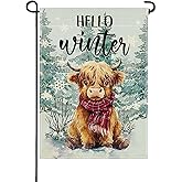 Artofy Hello Winter Highland Cow Small Decorative Garden Flag, Farm Pine Tree Snowflake Yard Lawn Outside Decor, Farmhouse Christmas Burlap Outdoor Home Decoration Double Sided 12 x 18