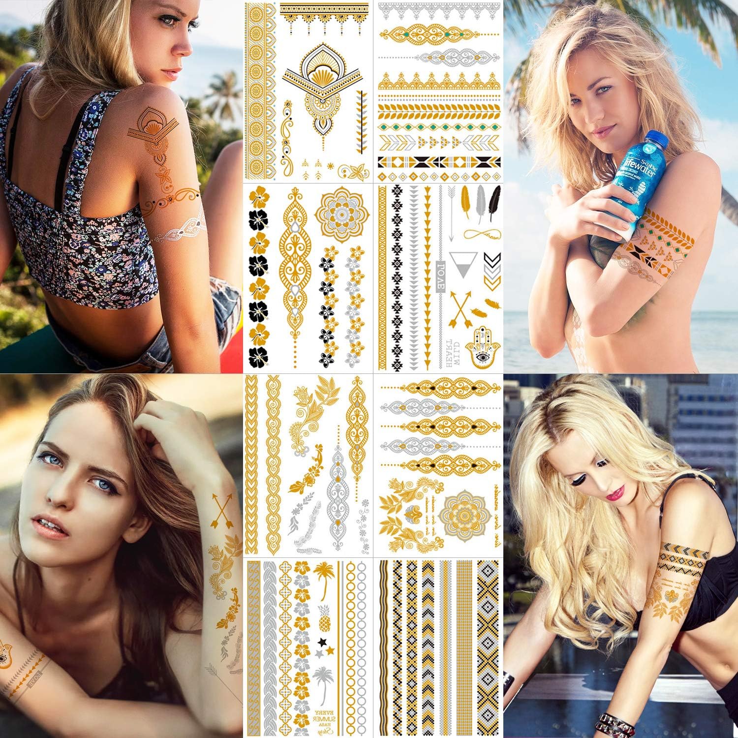 Playmax 8 Sheets of Metallic Stylish Waterproof Hobo Fake Body Art Gold Silver Jewelry, Bracelet, Henna, Mandala, Mehndi Designs Temporary Tattoo Stickers for Arms Shoulder Back Breast for Women