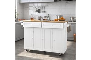 Squireewo 55" Kitchen Cart with Wood Top and Drop Leaf Breakfast Bar, Rolling Mobile Kitchen Island Table on Wheels with Drawer and Storage Cabinet, Spice Rack, Towel Rack, White