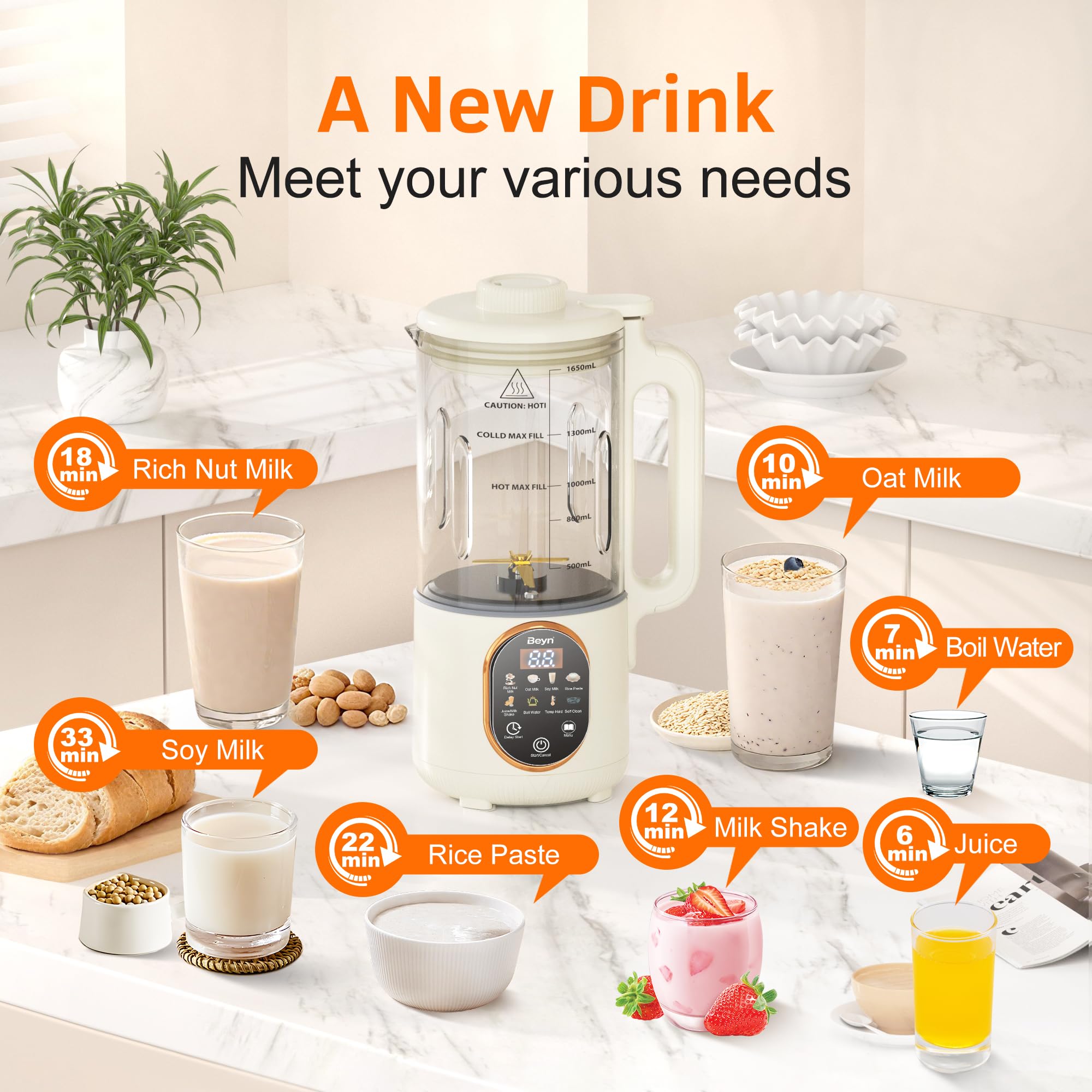 Beyn Máquina para hacer leche de nueces de 60 oz con cuchillas de titanio de 48 hojas, máquina automática para hacer leche a base de plantas 10 en 1 para avena casera, soja, almendras, jugo y más, retención de temperatura, inicio retardado, ebullición y limpieza automática