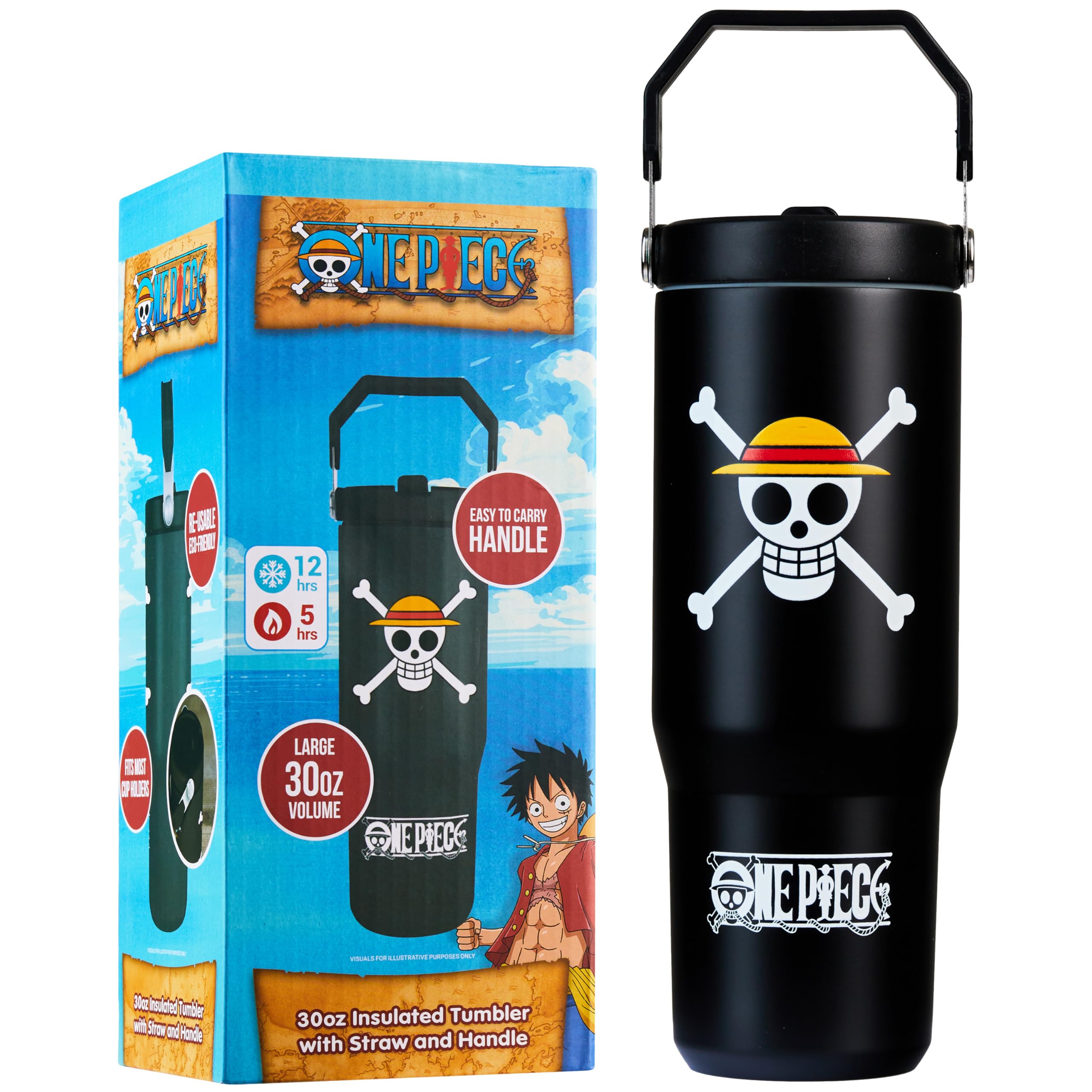 Get Trend One Piece Insulated Tumbler Flip Up Straw & Handle, Metal Travel Water Bottle 850ml/30oz, Thermal Double Wall Vacuum for Hot & Cold Drinks (Black One Piece)