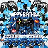 75Pieces Video Game Party Supplies Set: Decorations with Happy Birthday Gaming Backdrop, Hanging Swirls, TableCovers, Cake Topper, Foil Gamer Balloons, Multi-Color Balloons. Perfect for Game ON Party!