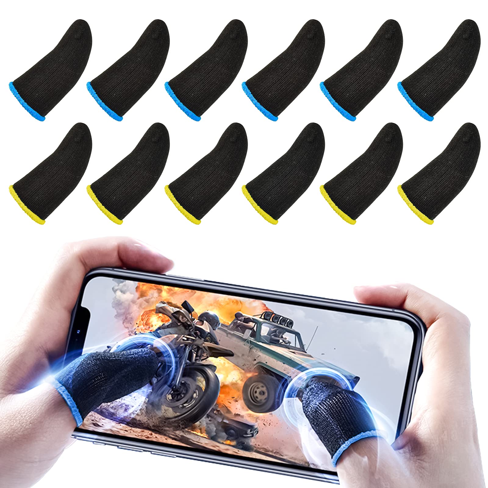 Newseego PUBG Gaming Finger Sleeves,[12 Pack]Mobile Finger Thumb Sleeve Touch Screen Phone Finger Sleeve Breathable Anti-Sweat Sensitive Shoot & Aim Keys for Rules of Survival/Knives Out (Yellow+Blue)