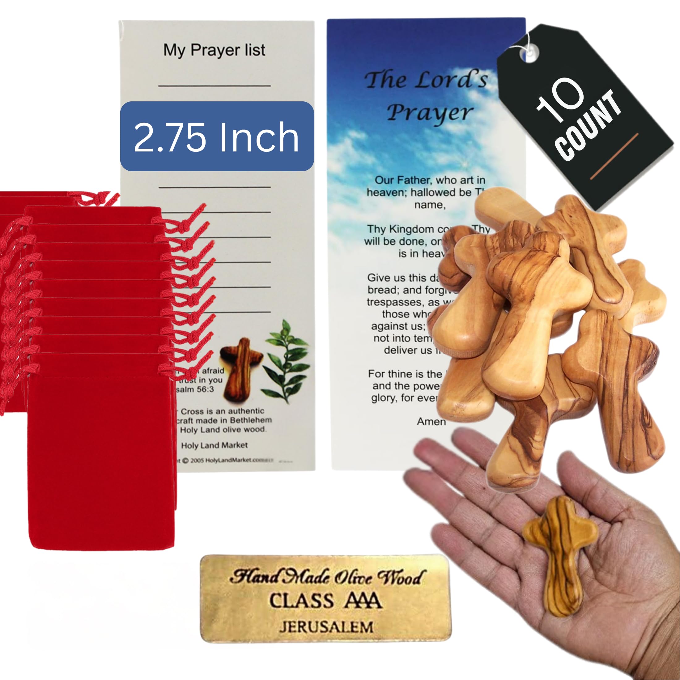 Holy Land Market Small Hand Crosses with Bags Small Wooden Pocket Crosses with Bags & Certificates, Natural Olive Wood (10) โ image 1