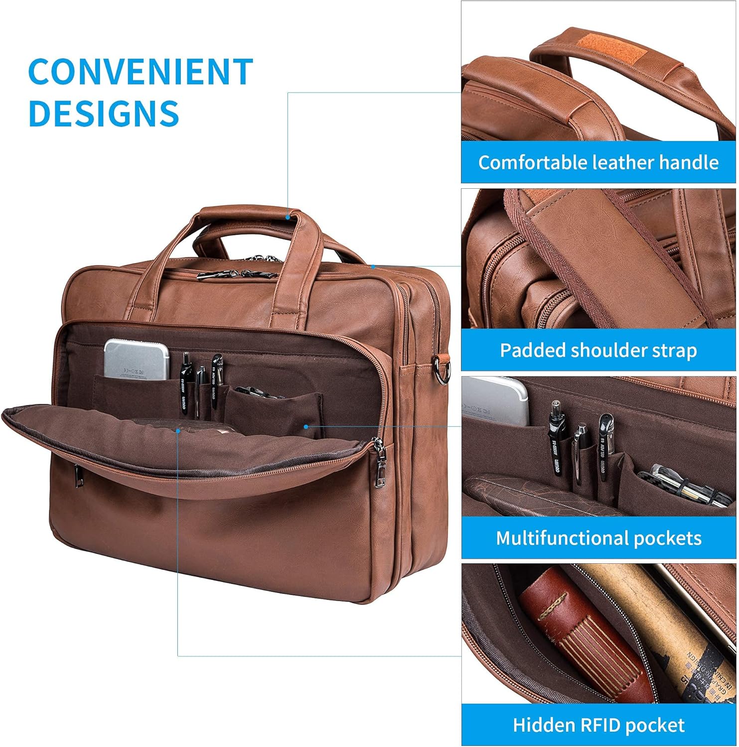 Leather Laptop Bag, Men's 15.6 Inches 17.3 Inches Messenger Briefcase Business Satchel Computer Handbag Shoulder Bag: Shoes
