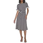 Halston Womens Short Sleeve Printed Belted Dress